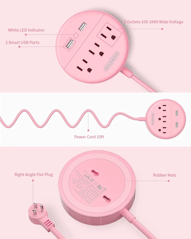 Alt view image 6 of 7 - 10 ft Long Extension Cord Power Strip with USB, Pink Charging Station with 3 Outlet and 2 USB, Travel Power Strip Flat Plug, Wall Mount for Home Office Dorm Room and Cruise Ship, ETL Listed