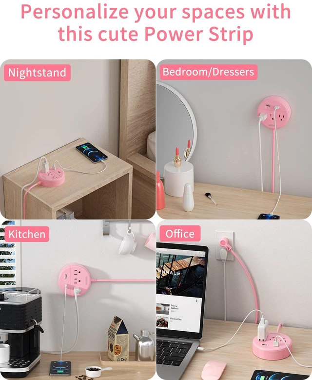 Alt view image 5 of 7 - 10 ft Long Extension Cord Power Strip with USB, Pink Charging Station with 3 Outlet and 2 USB, Travel Power Strip Flat Plug, Wall Mount for Home Office Dorm Room and Cruise Ship, ETL Listed