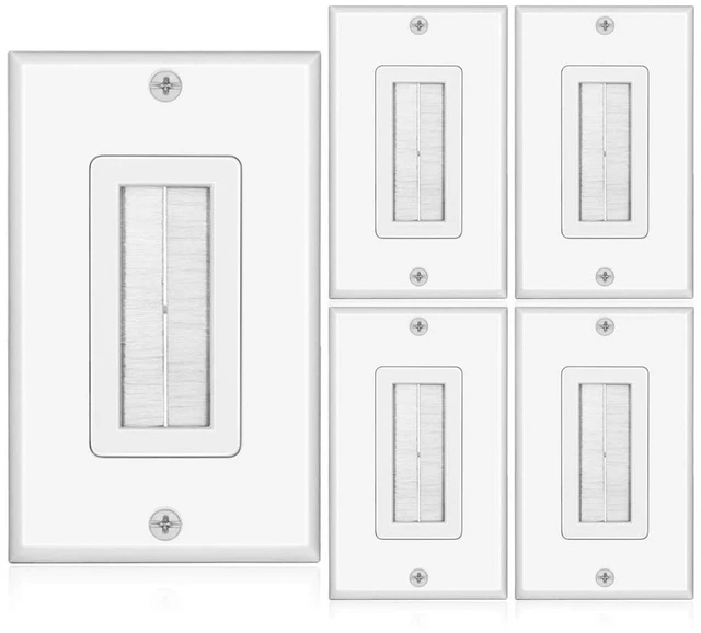 Main image of Brush Wall Plate (5 Pack) - Single Gang Cable Entry Access Brush Bristles Style Strap Opening Port Insert Socket Wiring Plug Jack Decorative Face Cover Outlet Mount Panel (White)