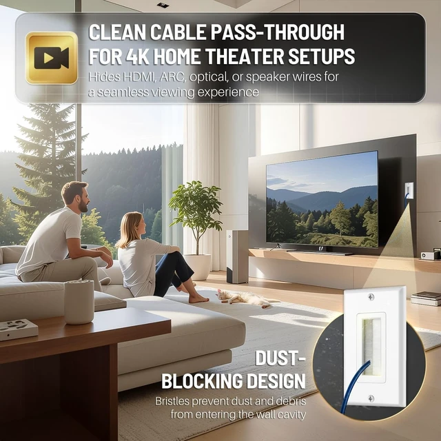 Alt view image 4 of 7 - Brush Wall Plate (5 Pack) - Single Gang Cable Entry Access Brush Bristles Style Strap Opening Port Insert Socket Wiring Plug Jack Decorative Face Cover Outlet Mount Panel (White)