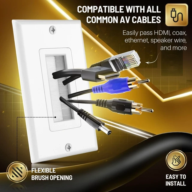 Alt view image 5 of 7 - Brush Wall Plate (5 Pack) - Single Gang Cable Entry Access Brush Bristles Style Strap Opening Port Insert Socket Wiring Plug Jack Decorative Face Cover Outlet Mount Panel (White)