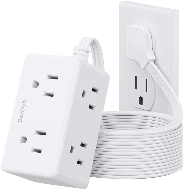 Main image of 10Ft Flat Plug Small Power Strip,3-Side White Extension Cord with 6 Wide Outlets Extender,No Surge Protector,Cruise Ship Essentials,Multi Plug for College Dorm Home Office Travel,Wall Mount,ETL Listed
