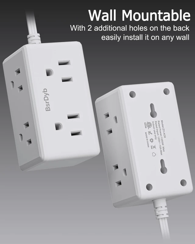 Alt view image 4 of 7 - 15Ft Flat Plug Small Power Strip,3-Side White Extension Cord with 6 Wide Outlets Extender,No Surge Protector,Cruise Ship Essentials,Multi Plug for College Dorm Home Office Travel,Wall Mount,ETL Listed