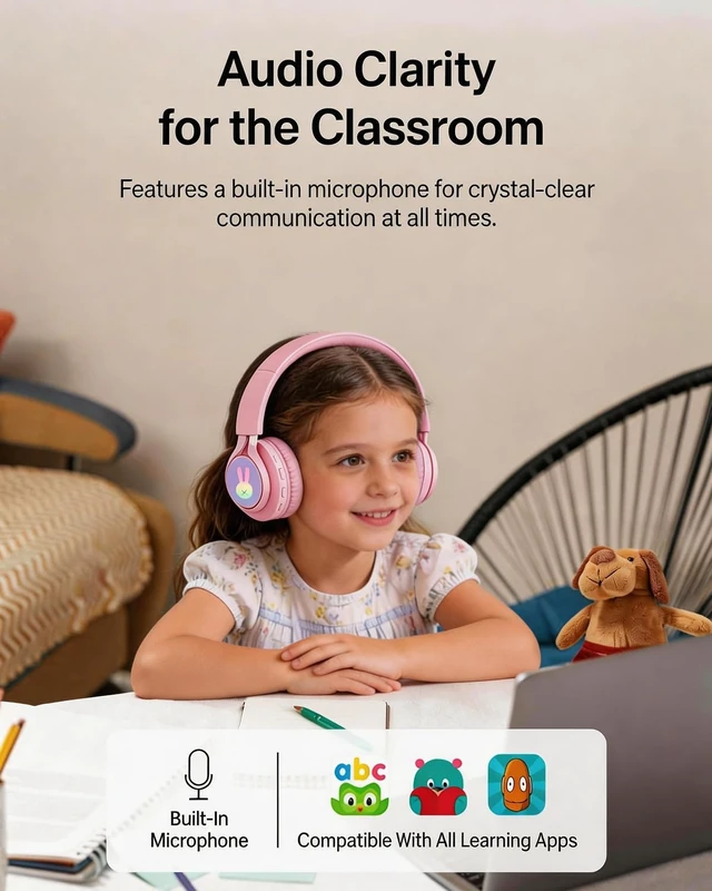 Alt view image 4 of 7 - LED Bunny Kids Bluetooth Headphones, Over Ear Wired & Wireless Headset Pink 85dB Volume Limited, Built-in Mic, Lightweight Bluetooth and Wired Headphones for Kids Toddler Girls Ipad Tablet PC Airplane