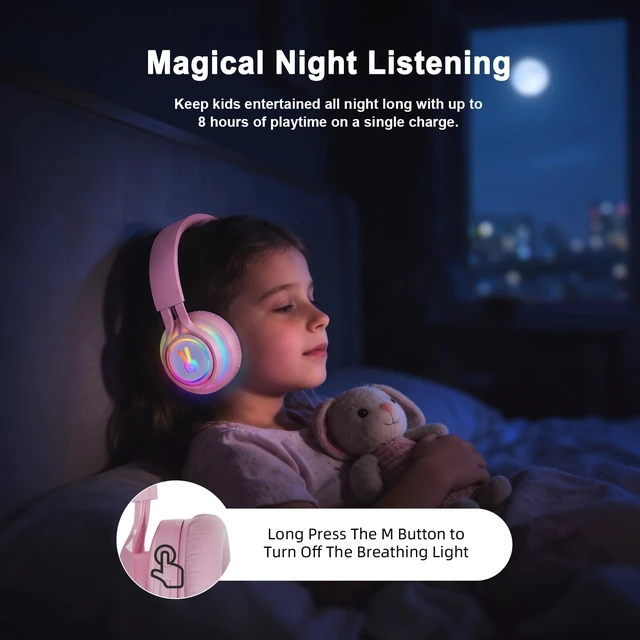 Alt view image 5 of 7 - LED Bunny Kids Bluetooth Headphones, Over Ear Wired & Wireless Headset Pink 85dB Volume Limited, Built-in Mic, Lightweight Bluetooth and Wired Headphones for Kids Toddler Girls Ipad Tablet PC Airplane