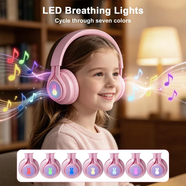 Alt view image 2 of 7 - LED Bunny Kids Bluetooth Headphones, Over Ear Wired & Wireless Headset Pink 85dB Volume Limited, Built-in Mic, Lightweight Bluetooth and Wired Headphones for Kids Toddler Girls Ipad Tablet PC Airplane