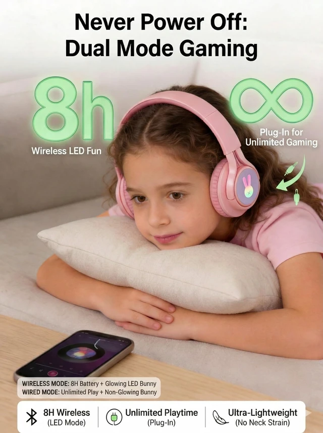 Alt view image 6 of 7 - LED Bunny Kids Bluetooth Headphones, Over Ear Wired & Wireless Headset Pink 85dB Volume Limited, Built-in Mic, Lightweight Bluetooth and Wired Headphones for Kids Toddler Girls Ipad Tablet PC Airplane