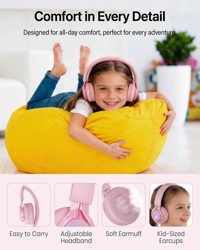 Alt view image 7 of 7 - LED Bunny Kids Bluetooth Headphones, Over Ear Wired & Wireless Headset Pink 85dB Volume Limited, Built-in Mic, Lightweight Bluetooth and Wired Headphones for Kids Toddler Girls Ipad Tablet PC Airplane
