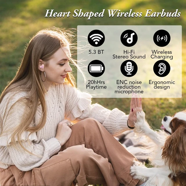 Alt view image 2 of 7 - Upgraded Heart Shaped Earbuds with Light, Earbuds Stylish Luminous with Charging Case, Noise Cancelling HiFi Stereo Sound BT5.3 Earphones, Gifts for Girls Friends