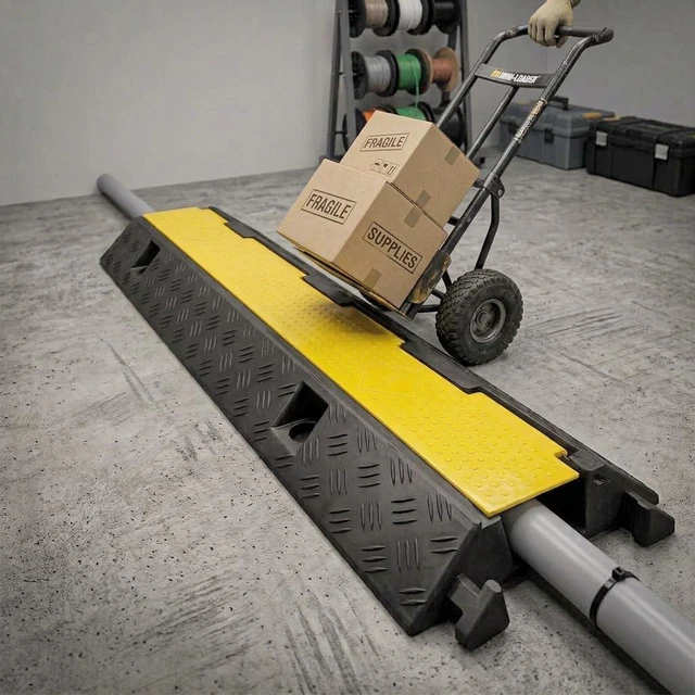 Alt view image 4 of 6 - Cable Protector 1 Channel 2.75" x 2" Traffic Hose and Wire Cover Rubber Black Base with Yellow Lid (3 Feet) 5,000 lbs/axle - Pack of 2