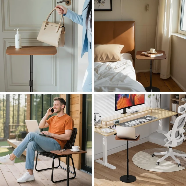 Alt view image 2 of 6 - Adjustable Laptop Floor Stand & Portable Standing Desk - Height Adjustable Mobile Table up to 37.8", Bedside Laptop Table, Sofa Desk with Sturdy Metal Base & Wooden Top