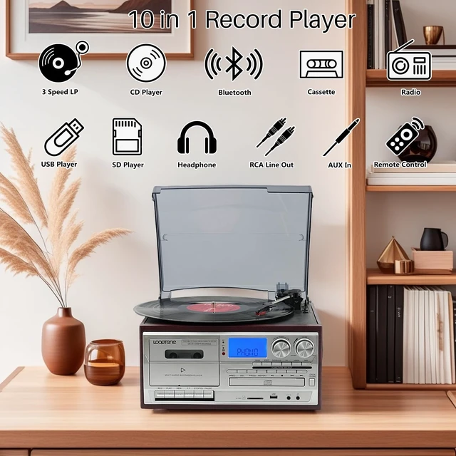Alt view image 2 of 6 - Vinyl Record Player 10 in 1 3 Speed Bluetooth Vintage Turntable CD Cassette Player AM/FM Radio USB Recorder Aux-in RCA Line-Out (Red-Silver)