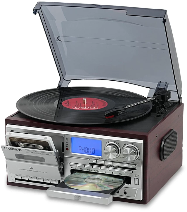 Main image of Vinyl Record Player 10 in 1 3 Speed Bluetooth Vintage Turntable CD Cassette Player AM/FM Radio USB Recorder Aux-in RCA Line-Out (Red-Silver)