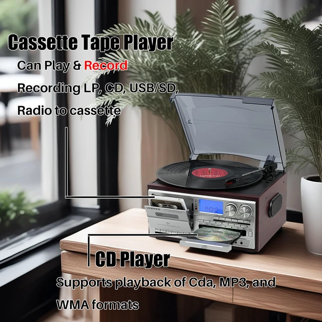 Alt view image 5 of 6 - Vinyl Record Player 10 in 1 3 Speed Bluetooth Vintage Turntable CD Cassette Player AM/FM Radio USB Recorder Aux-in RCA Line-Out (Red-Silver)