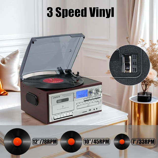 Alt view image 3 of 6 - Vinyl Record Player 10 in 1 3 Speed Bluetooth Vintage Turntable CD Cassette Player AM/FM Radio USB Recorder Aux-in RCA Line-Out (Red-Silver)