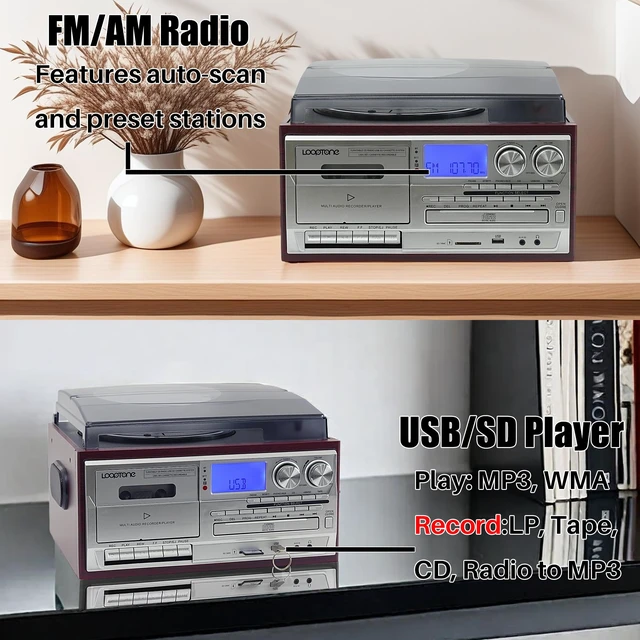 Alt view image 6 of 6 - Vinyl Record Player 10 in 1 3 Speed Bluetooth Vintage Turntable CD Cassette Player AM/FM Radio USB Recorder Aux-in RCA Line-Out (Red-Silver)