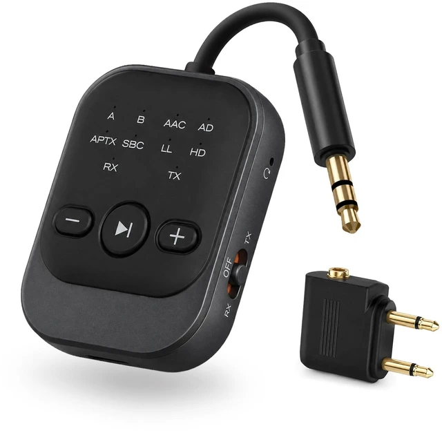 Main image of Bluetooth Transmitter Receiver, Airplane Bluetooth Adapter for TV (Black) Bluetooth 5.3 Airplane Travel Essentials 2-in-1 Wireless Bluetooth Adapter Dual Link for Headphones Low Latency with Mic