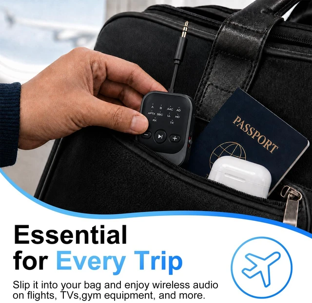 Alt view image 6 of 7 - Bluetooth Transmitter Receiver, Airplane Bluetooth Adapter for TV (Black) Bluetooth 5.3 Airplane Travel Essentials 2-in-1 Wireless Bluetooth Adapter Dual Link for Headphones Low Latency with Mic