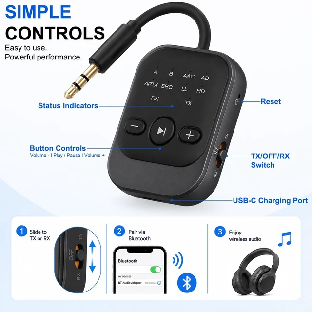 Alt view image 7 of 7 - Bluetooth Transmitter Receiver, Airplane Bluetooth Adapter for TV (Black) Bluetooth 5.3 Airplane Travel Essentials 2-in-1 Wireless Bluetooth Adapter Dual Link for Headphones Low Latency with Mic