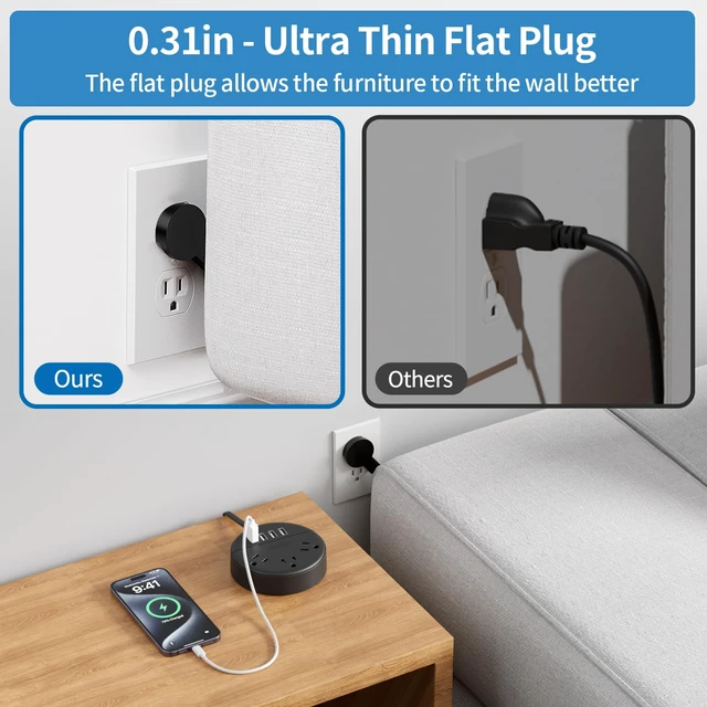 Alt view image 2 of 7 - Flat Plug Power Strip, 5 ft Ultra Thin Flat Extension Cord, 3 Outlet and 4 USB Ports, Wall Mountable, Compact Power Strip for Travel, Office, School, Home, Dorm Room Essentials