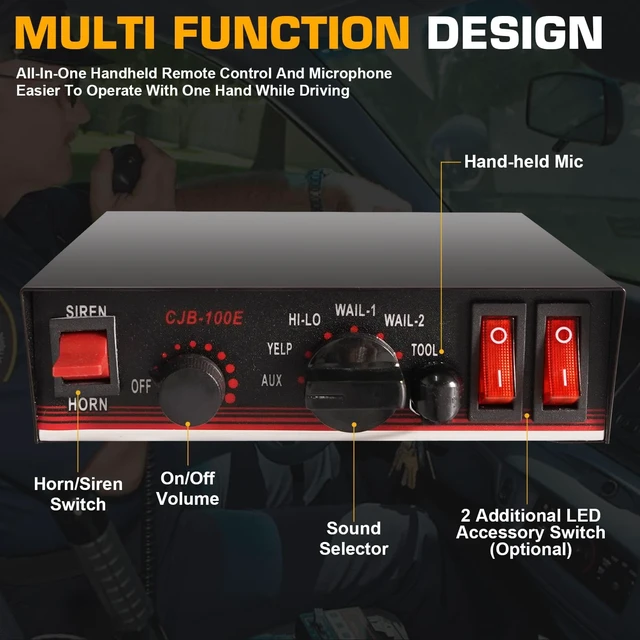 Alt view image 2 of 7 - 8Tones 200W Emergency Siren with PA - IP67 Waterproof Police/Fire Truck Siren, Yelp/Wail/Hi-Lo Modes, Includes Mic & Speaker for Vehicle PA System 12 Volt Siren Car Alarm Siren