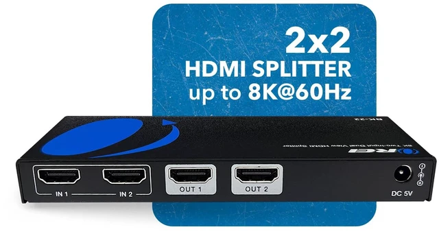 Alt view image 2 of 7 - 8K HDMI Splitter 2 in 2 Out with Dolby Vision, HDCP 2.3, Auto EDID 2 input 2 Output Switcher. Supports 4K@120Hz, IR, EDID, HDCP 2.3 With Remote Control. Built-in Equalizer, Retiming and Driver