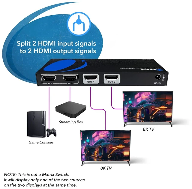 Alt view image 3 of 7 - 8K HDMI Splitter 2 in 2 Out with Dolby Vision, HDCP 2.3, Auto EDID 2 input 2 Output Switcher. Supports 4K@120Hz, IR, EDID, HDCP 2.3 With Remote Control. Built-in Equalizer, Retiming and Driver