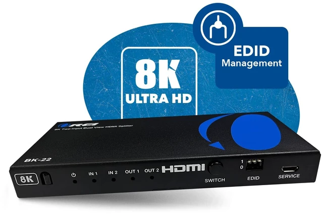 Alt view image 4 of 7 - 8K HDMI Splitter 2 in 2 Out with Dolby Vision, HDCP 2.3, Auto EDID 2 input 2 Output Switcher. Supports 4K@120Hz, IR, EDID, HDCP 2.3 With Remote Control. Built-in Equalizer, Retiming and Driver
