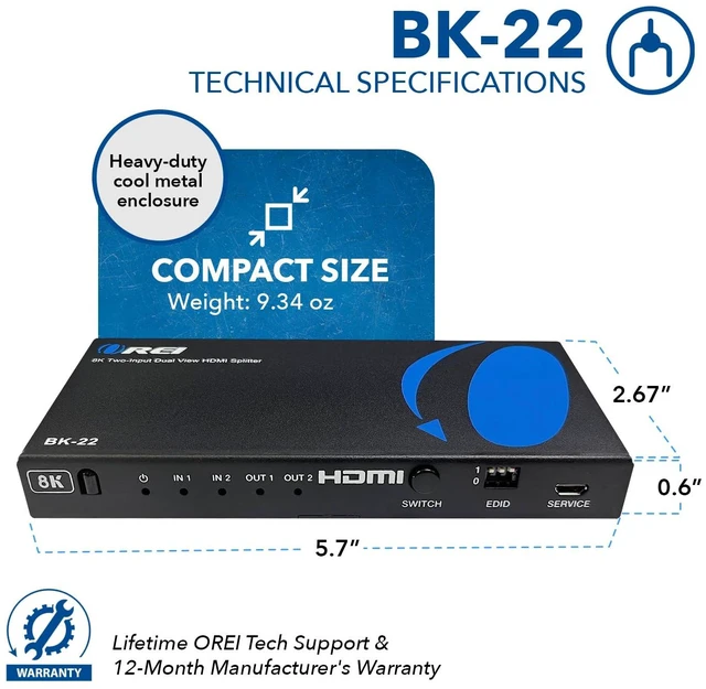 Alt view image 5 of 7 - 8K HDMI Splitter 2 in 2 Out with Dolby Vision, HDCP 2.3, Auto EDID 2 input 2 Output Switcher. Supports 4K@120Hz, IR, EDID, HDCP 2.3 With Remote Control. Built-in Equalizer, Retiming and Driver