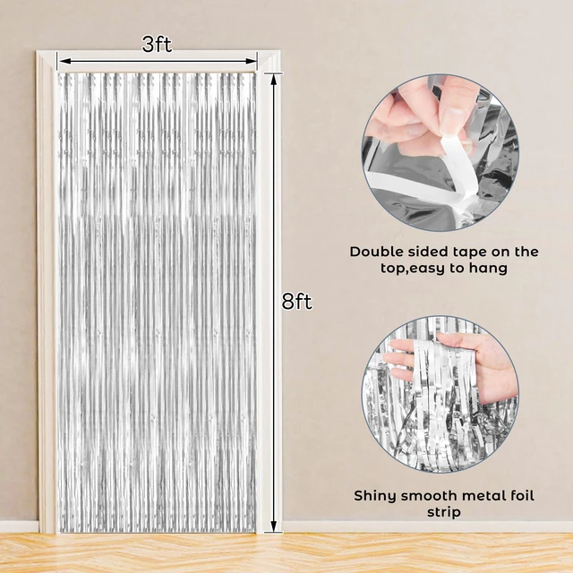 Alt view image 2 of 7 - Silver Foil Fringe Curtain 10 Pack 3 x 8 Ft College Welcome Silver metallic tinsel creates a crisp reflective backdrop while adhesive backs simplify setup on walls doorways and arches