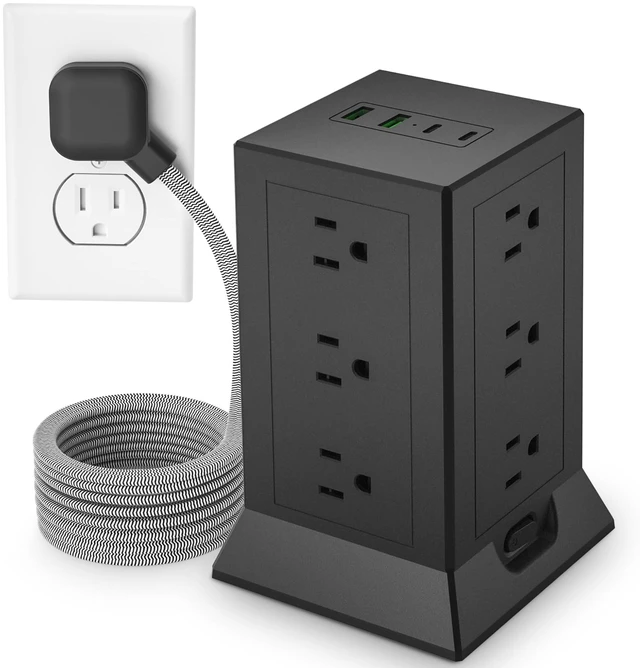 Main image of Power Strip Tower with Multiple Outlets 16.5 Ft Extension Cord Flat Plug with 12 AC Outlets 4 USB Ports (2 USB C), Power Tower Surge Protector with Individual Switches for Home Office Dorm Room, Black