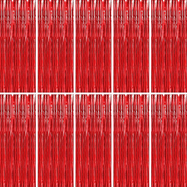 Main image of Red Foil Fringe Curtain 10 Pack 3 x 8 Ft School Spirit Bold red metallic tinsel adds color impact while adhesive backs simplify setup on walls doorways arches and photo areas