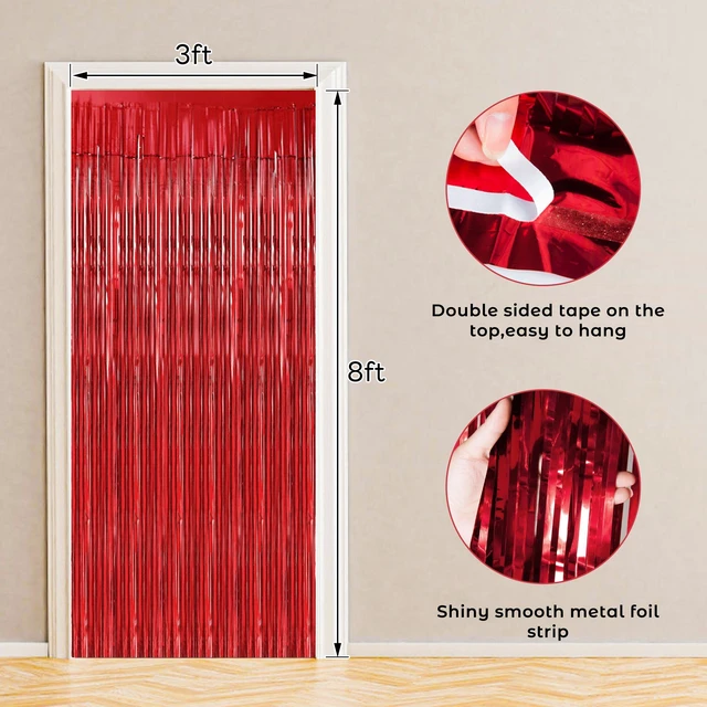 Alt view image 2 of 7 - Red Foil Fringe Curtain 10 Pack 3 x 8 Ft School Spirit Bold red metallic tinsel adds color impact while adhesive backs simplify setup on walls doorways arches and photo areas