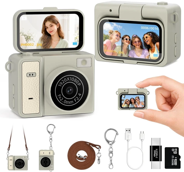 Main image of Mini Keychain Digital Camera, Brown Mini Camera with Flip Screen, 1MP 1080P Small Camera, 8GB Card, Video Recorder, Long Battery Life for Travel, Party and Vlog