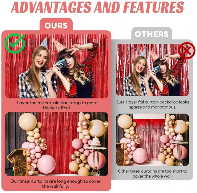 Alt view image 4 of 7 - Red Foil Fringe Curtain 10 Pack 3 x 8 Ft School Spirit Bold red metallic tinsel adds color impact while adhesive backs simplify setup on walls doorways arches and photo areas