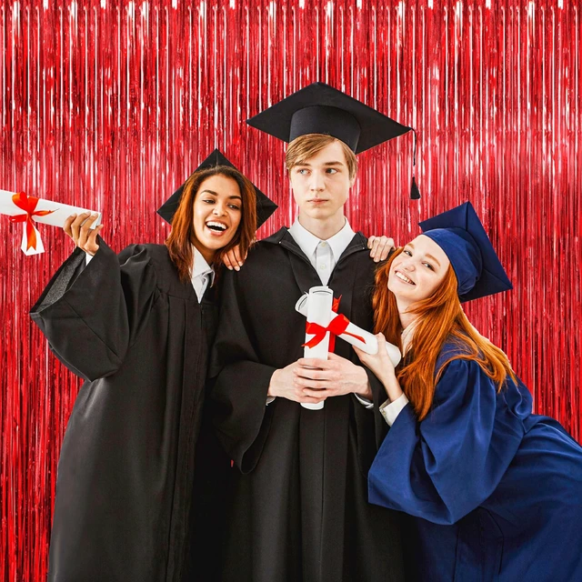 Alt view image 6 of 7 - Red Foil Fringe Curtain 10 Pack 3 x 8 Ft School Spirit Bold red metallic tinsel adds color impact while adhesive backs simplify setup on walls doorways arches and photo areas