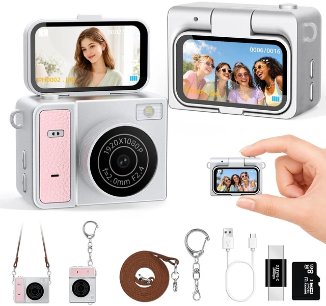 Main image of Mini Keychain Digital Camera, Pink Mini Camera with Flip Screen, 1MP 1080P Small Camera, 8GB Card, Video Recorder, Long Battery Life for Travel, Party and Vlog
