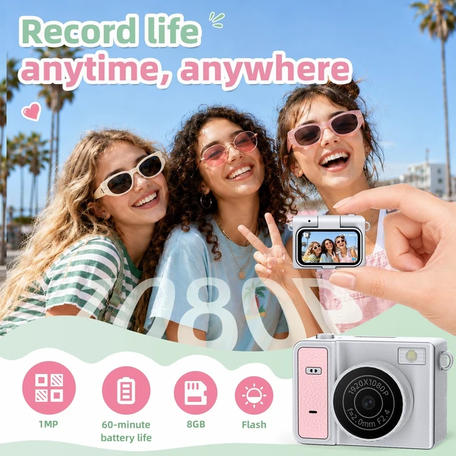 Alt view image 2 of 7 - Mini Keychain Digital Camera, Pink Mini Camera with Flip Screen, 1MP 1080P Small Camera, 8GB Card, Video Recorder, Long Battery Life for Travel, Party and Vlog