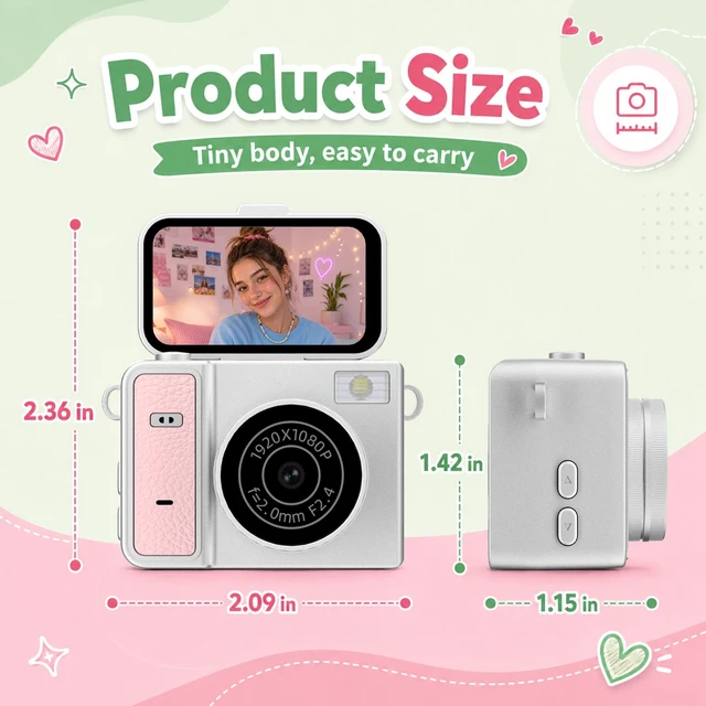 Alt view image 3 of 7 - Mini Keychain Digital Camera, Pink Mini Camera with Flip Screen, 1MP 1080P Small Camera, 8GB Card, Video Recorder, Long Battery Life for Travel, Party and Vlog
