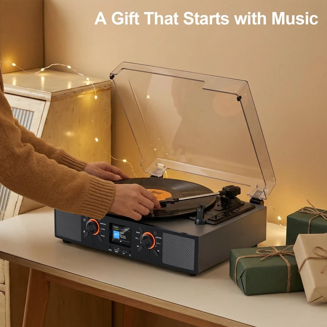 Alt view image 7 of 7 - Vinyl Record Player with Built-in Speakers, 3-Speed Belt-Drive Bluetooth Turntable with LCD Display, USB Playback, Clock, RCA, AUX & Headphone Jacks, Grey