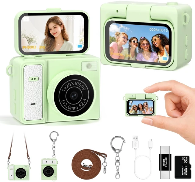Main image of Mini Keychain Digital Camera, Green Mini Camera with FILP Screen, 1MP 1080P Small Camera, 8GB Card, Video Recorder, Long Battery Life for Travel, Party and Vlog