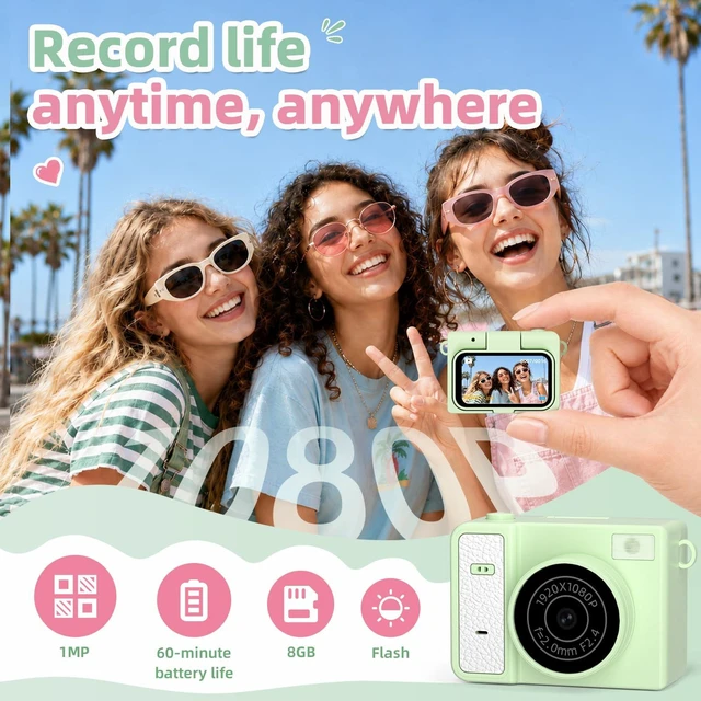 Alt view image 2 of 7 - Mini Keychain Digital Camera, Green Mini Camera with FILP Screen, 1MP 1080P Small Camera, 8GB Card, Video Recorder, Long Battery Life for Travel, Party and Vlog