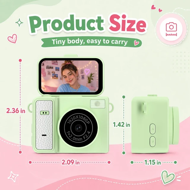 Alt view image 3 of 7 - Mini Keychain Digital Camera, Green Mini Camera with FILP Screen, 1MP 1080P Small Camera, 8GB Card, Video Recorder, Long Battery Life for Travel, Party and Vlog