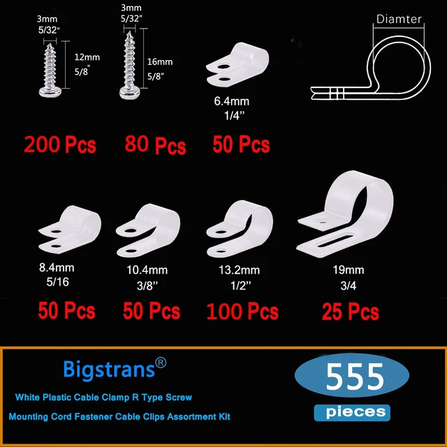 Alt view image 2 of 5 - Bigtrans 555 Pcs Nylon Plastic R-Type Wire Clips with Screws 1/4" 5/16" 3/8" 1/2" 3/4" Clamps Fasteners Assortment for Cable Conduit -5 Size -White