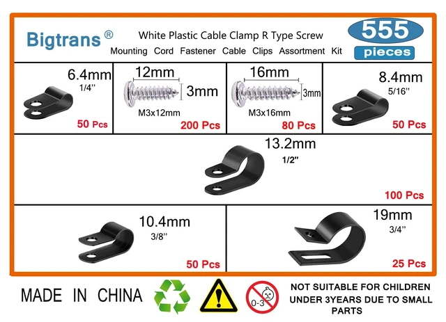 Alt view image 2 of 5 - Bigtrans 555 Pcs Nylon Plastic R-Type Wire Clips with Screws 1/4" 5/16" 3/8" 1/2" 3/4" Clamps Fasteners Assortment for Cable Conduit -5 Size -Black