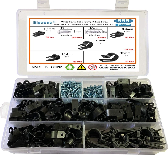 Main image of Bigtrans 555 Pcs Nylon Plastic R-Type Wire Clips with Screws 1/4" 5/16" 3/8" 1/2" 3/4" Clamps Fasteners Assortment for Cable Conduit -5 Size -Black