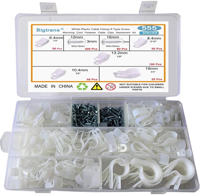 Main image of Bigtrans 555 Pcs Nylon Plastic R-Type Wire Clips with Screws 1/4" 5/16" 3/8" 1/2" 3/4" Clamps Fasteners Assortment for Cable Conduit -5 Size -White
