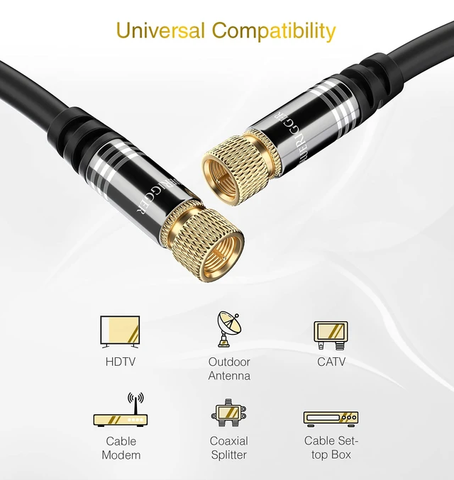 Alt view image 3 of 7 - RG6 Coaxial Cable (6FT, Male F Type Connector Pin, Gold Plated, Triple Shielded) Digital Audio Video Coax Cable Cord for HDTV, CATV, Modem, Satellite Receivers
