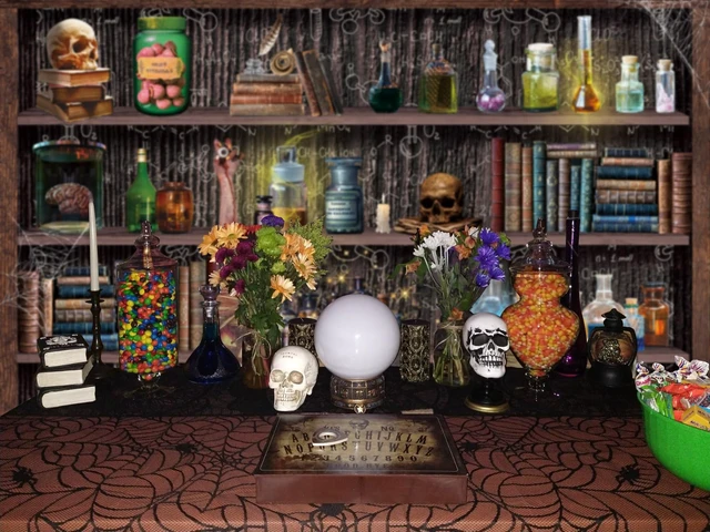 Alt view image 2 of 7 - Halloween Mad Scientist Laboratory Backdrop Halloween Magic School Banner 10x6ft Witch Kitchen Bookshelf Background, Creepy Skull Poison Bottles Apothecary Banner,Kids Halloween Party Decor