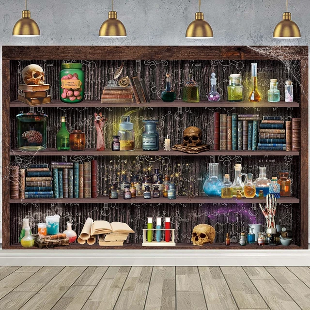 Alt view image 3 of 7 - Halloween Mad Scientist Laboratory Backdrop Halloween Magic School Banner 10x6ft Witch Kitchen Bookshelf Background, Creepy Skull Poison Bottles Apothecary Banner,Kids Halloween Party Decor